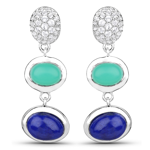 5.21 Carat Genuine Crysopharse, Lapis and White Topaz .925 Sterling Silver Earrings