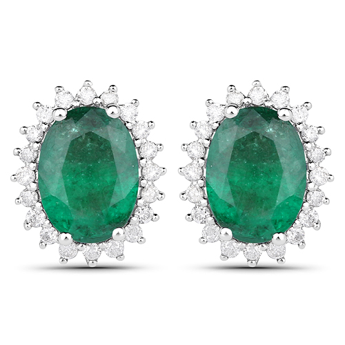 Emerald-2.65 Carat Genuine Zambian Emerald and White Diamond 14K White Gold Earrings