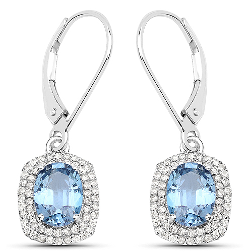 Earrings-2.36 Carat Genuine Blue Sapphire and White Diamond 14K White Gold Earrings