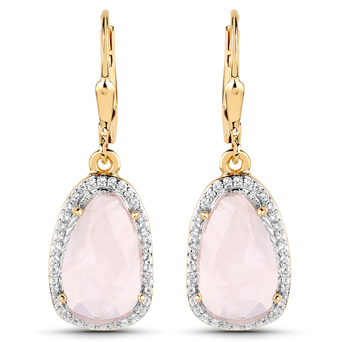 18K Yellow Gold Plated 7.47 Carat Genuine Rose Quartz and White Topaz .925 Sterling Silver Earrings