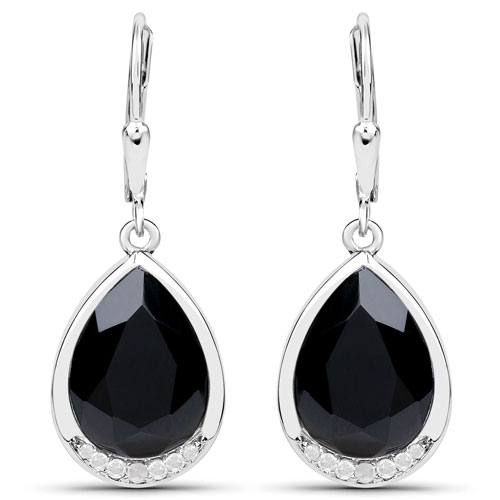 Earrings-8.76 Carat Genuine Black Onyx and White Diamond .925 Sterling Silver Earrings