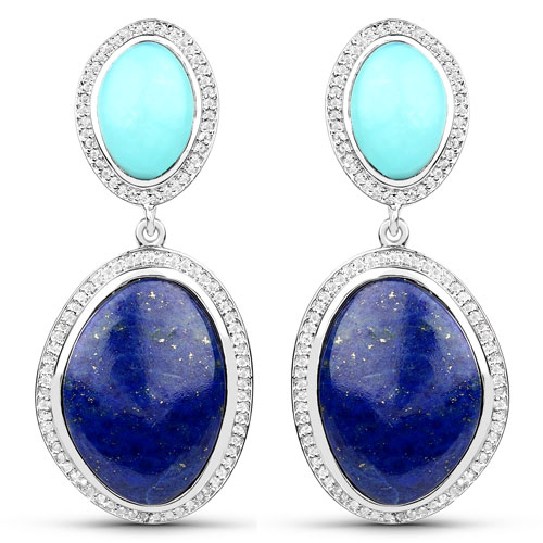 Earrings-30.33 Carat Genuine Lapis, Turquoise and White Topaz .925 Sterling Silver Earrings