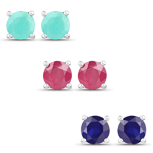 5.50 Carat Emerald, Glass Filled Ruby and Glass Filled Sapphire .925 Sterling Silver Earrings