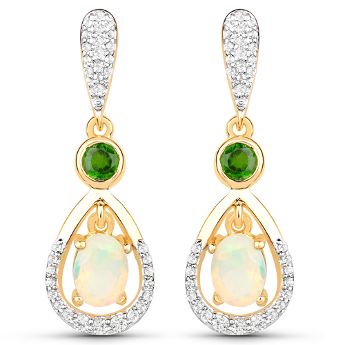 Opal-1.49 Carat Genuine Ethiopian Opal, Chrome Diopside and White Topaz .925 Sterling Silver Earrings