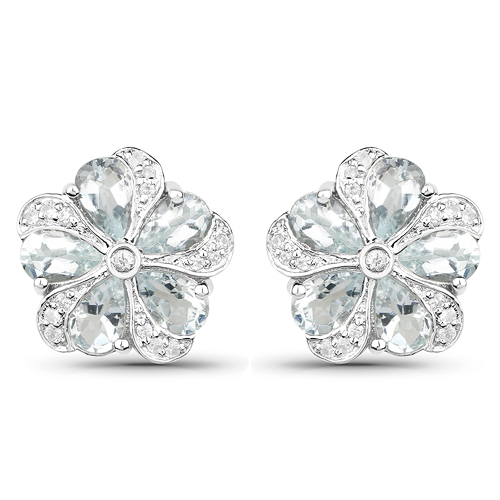 3.81 Carat Genuine Aquamarine and White Zircon .925 Sterling Silver Earrings