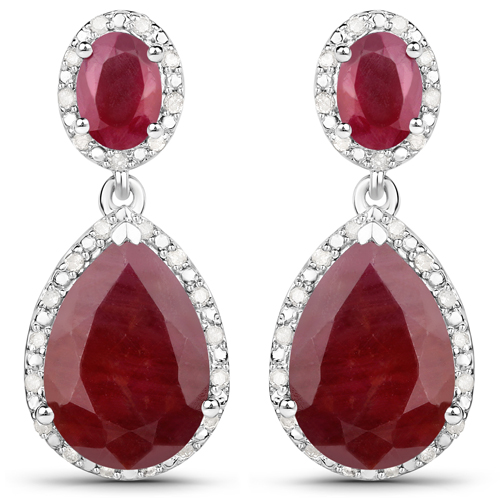Earrings-14.54 Carat Genuine Ruby and White Diamond .925 Sterling Silver Earrings