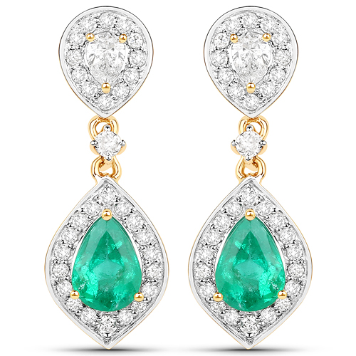 Emerald-2.24 Carat Genuine Zambian Emerald and White Diamond 14K Yellow Gold Earrings