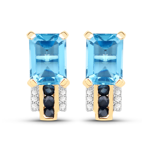 Earrings-2.56 Carat Genuine Swiss Blue Topaz, Blue Sapphire and White Diamond 14K Yellow Gold Earrings