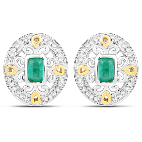 Emerald-0.69 Carat Genuine Zambian Emerald and White Diamond 14K Yellow Gold with .925 Sterling Silver Earrings