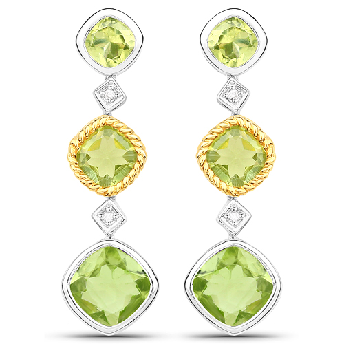 Peridot-3.79 Carat Genuine Peridot and White Diamond 14K Yellow Gold with .925 Sterling Silver Earrings