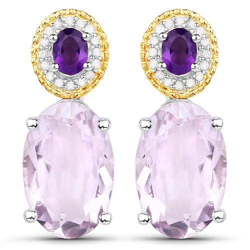Amethyst-6.41 Carat Genuine Amethyst and White Diamond 14K Yellow Gold with .925 Sterling Silver Earrings