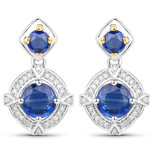 Earrings-3.03 Carat Genuine Kyanite and White Diamond 14K Yellow Gold with .925 Sterling Silver Earrings