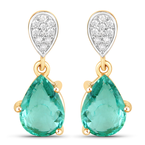Emerald-2.28 Carat Genuine Zambian Emerald and White Diamond 14K Yellow Gold Earrings