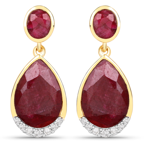 Earrings-18K Yellow Gold Plated 9.34 Carat Dyed Ruby and White Diamond .925 Sterling Silver Earrings