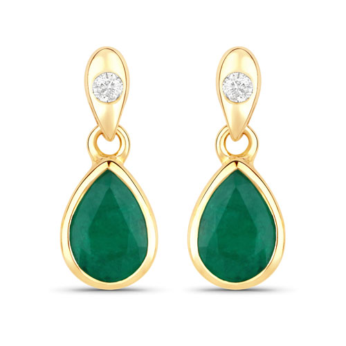 Emerald-1.35 Carat Genuine Zambian Emerald and White Diamond 14K Yellow Gold Earrings