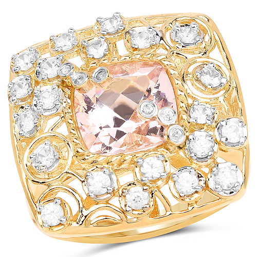 Rings-14K Yellow Gold Plated 3.33 Carat Synthartic Morganite and White Topaz .925 Sterling Silver Ring
