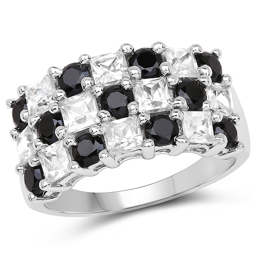 Rings-3.23 Carat Genuine White Topaz and Black Spinel .925 Sterling Silver Ring