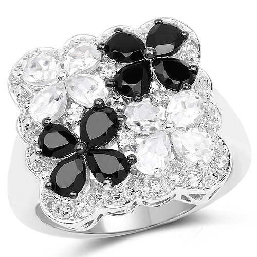 Rings-2.88 Carat Genuine White Topaz and Black Spinel .925 Sterling Silver Ring