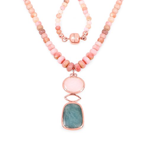 Necklaces-14K Rose Gold Plated 92.39 Carat Genuine Milky Aquamarine & Pink Opal .925 Sterling Silver Necklace