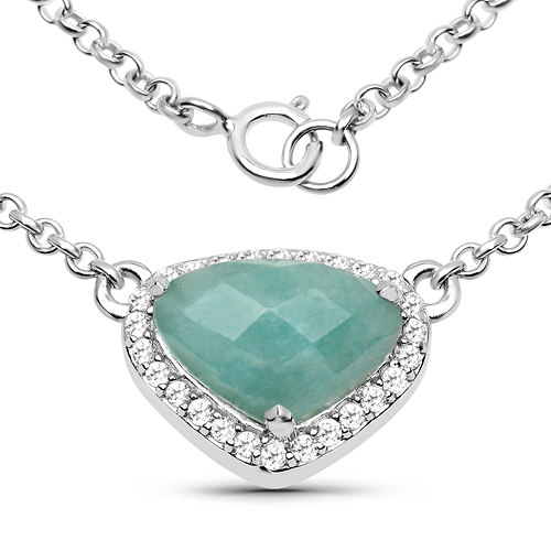 Necklaces-3.38 Carat Genuine Amazonite and White Topaz .925 Sterling Silver Necklace