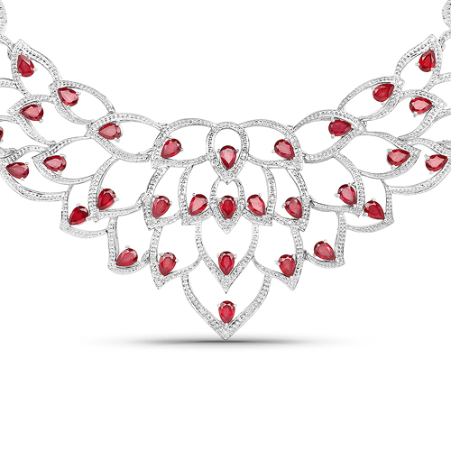Ruby-31.10 Carat Genuine Glass Filled Ruby and White Diamond .925 Sterling Silver Necklace