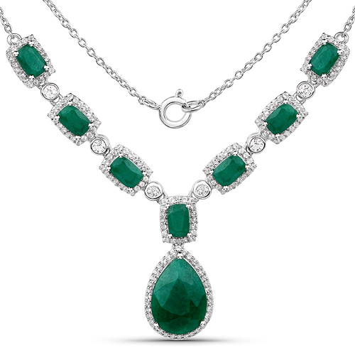 Emerald-12.14 Carat Dyed Emerald and White Topaz .925 Sterling Silver Necklace