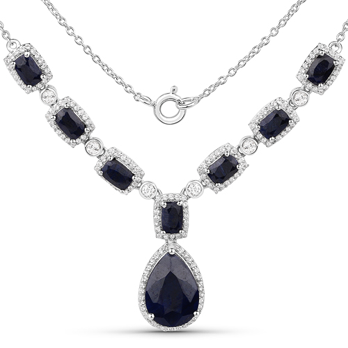 Sapphire-12.59 Carat Dyed Sapphire and White Topaz .925 Sterling Silver Necklace