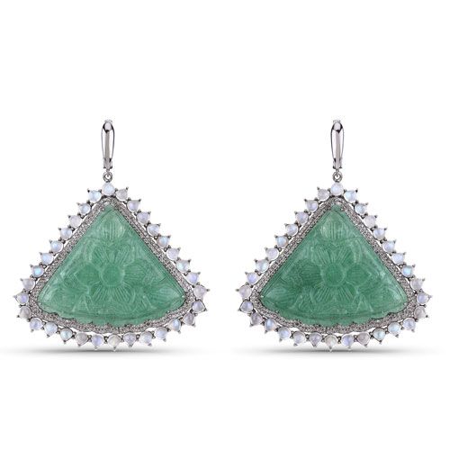 Earrings-116.46 Carat Genuine Rainbow, Green Jade and White Diamond .925 Sterling Silver Earrings