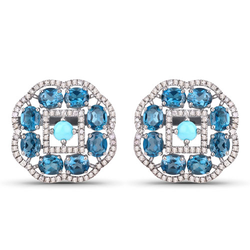 Earrings-7.91 Carat Genuine London Blue Topaz, Turquoise and White Diamond .925 Sterling Silver Earrings