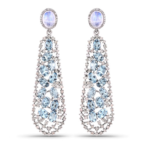Earrings-16.85 Carat Genuine Aquamarine, Rainbow and White Diamond .925 Sterling Silver Earrings