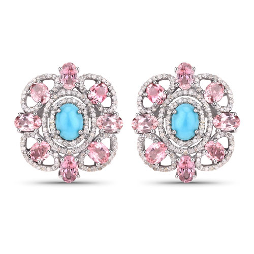 Earrings-9.15 Carat Genuine Pink Tourmaline, Turquoise and White Diamond .925 Sterling Silver Earrings