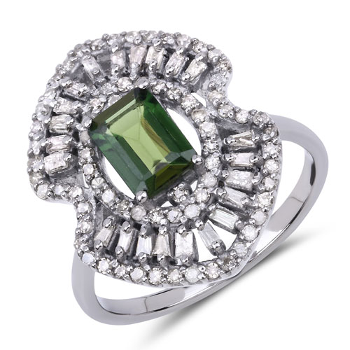 Rings-1.90 Carat Genuine Green Tourmaline and White Diamond .925 Sterling Silver Ring