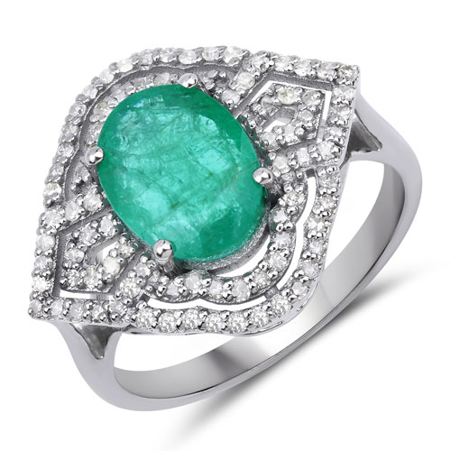 Emerald-2.96 Carat Genuine Emerald and White Diamond .925 Sterling Silver Ring