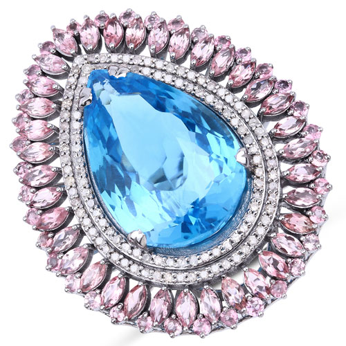 Rings-27.69 Carat Genuine Pink Tourmaline, Blue Topaz and White Diamond .925 Sterling Silver Ring