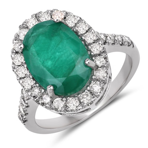Emerald-5.49 Carat Genuine Emerald and White Diamond .925 Sterling Silver Ring