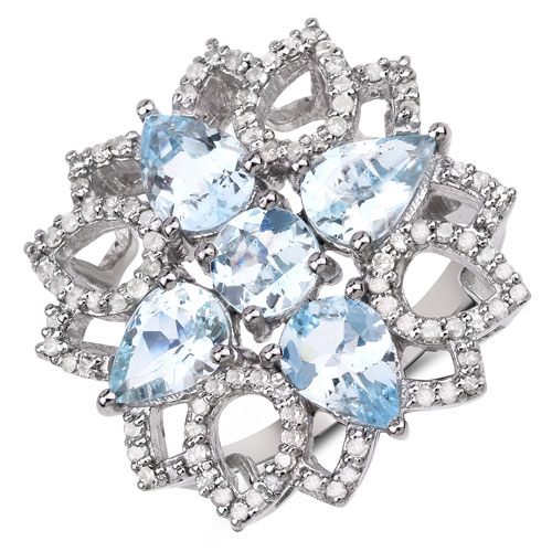Rings-3.05 Carat Genuine Aquamarine and White Diamond .925 Sterling Silver Ring