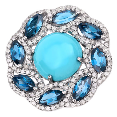Rings-13.40 Carat Genuine London Blue Topaz, Turquoise and White Diamond .925 Sterling Silver Ring