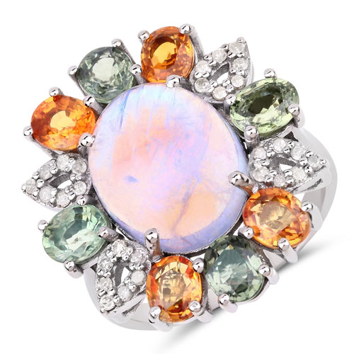 Sapphire-9.35 Carat Genuine Multi Sapphire, Rainbow and White Diamond .925 Sterling Silver Ring