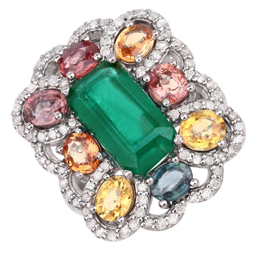 Sapphire-8.80 Carat Genuine Multi Sapphire, Emerald and White Diamond .925 Sterling Silver Ring