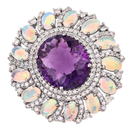 Opal-17.18 Carat Genuine Opal, Amethyst and White Diamond .925 Sterling Silver Ring