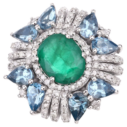 Emerald-7.30 Carat Genuine Emerald, London Blue Topaz and White Diamond .925 Sterling Silver Ring