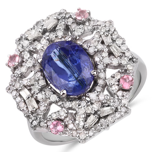 Rings-3.31 Carat Genuine Pink Tourmaline, Kyanite and White Diamond .925 Sterling Silver Ring