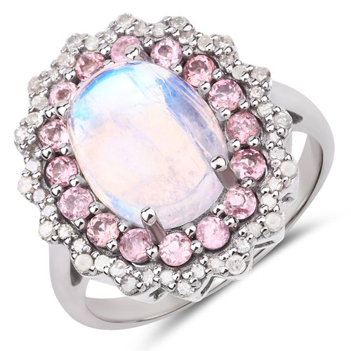 Rings-5.50 Carat Genuine Pink Tourmaline, Rainbow and White Diamond .925 Sterling Silver Ring