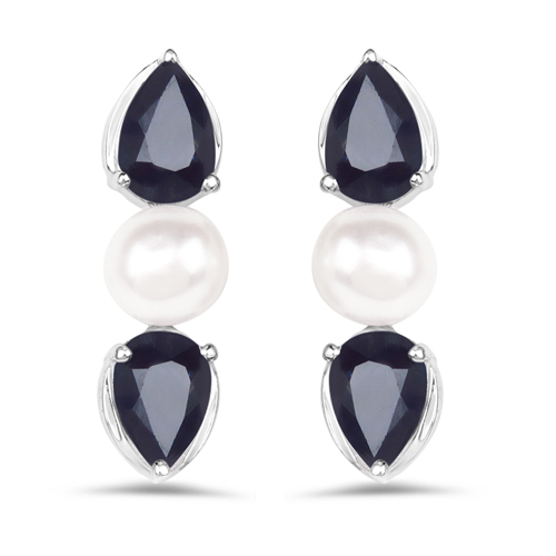 Earrings-2.98 Carat Genuine Blue Sapphire and Pearl .925 Sterling Silver Earrings