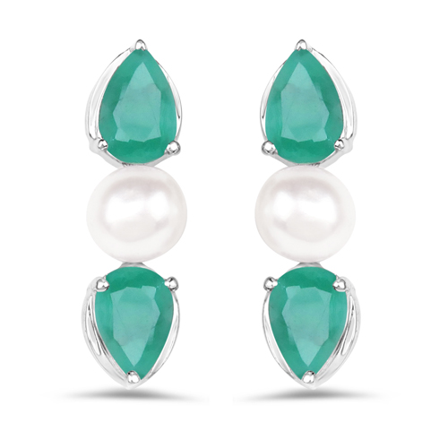 Emerald-2.74 Carat Genuine Emerald and Pearl .925 Sterling Silver Earrings