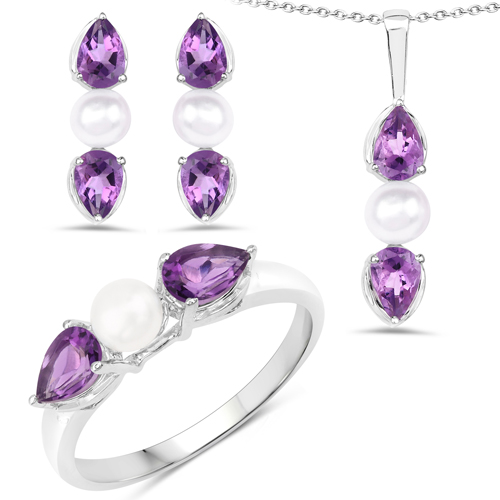 5.56 Carat Genuine Amethyst and Pearl .925 Sterling Silver 3 Piece Jewelry Set (Ring, Earrings, and Pendant w/ Chain)