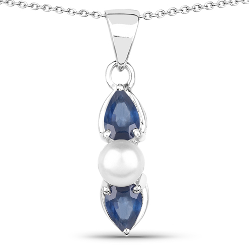 Sapphire-1.44 Carat Genuine Blue Sapphire and Pearl .925 Sterling Silver Pendant