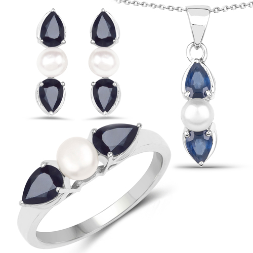 5.96 Carat Genuine Blue Sapphire and Pearl .925 Sterling Silver 3 Piece Jewelry Set (Ring, Earrings, and Pendant w/ Chain)