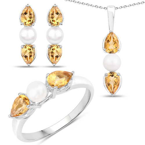 Citrine-5.56 Carat Genuine Citrine and Pearl .925 Sterling Silver 3 Piece Jewelry Set (Ring, Earrings, and Pendant w/ Chain)
