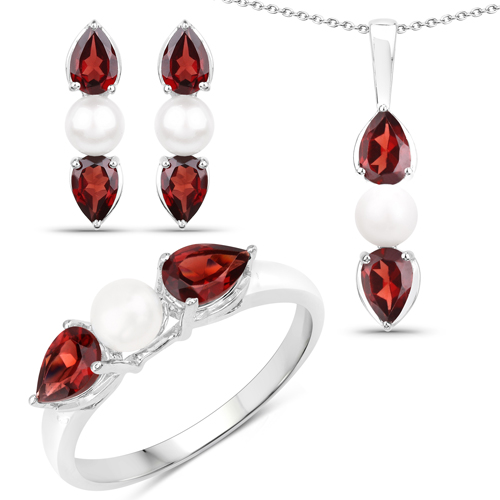 Garnet-6.20 Carat Genuine Garnet and Pearl .925 Sterling Silver 3 Piece Jewelry Set (Ring, Earrings, and Pendant w/ Chain)